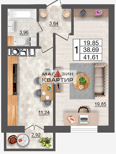 Однокомнатная квартира с индивидуальным отоплением