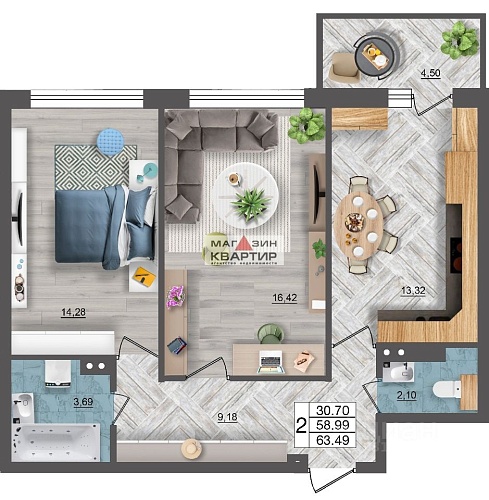 2-ком. квартира, 63,49 м²  ЖК «Океан»