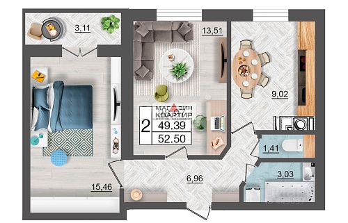 2-ком. квартира, 52,5 м² ЖК 