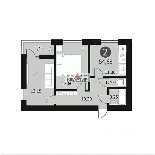 2-ком. квартира, 54,68 кв.м., в строящемся доме (дом 1), ЖК 