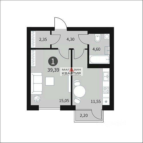1- ком. квартира, 39,39 кв.м. Краснинское шоссе