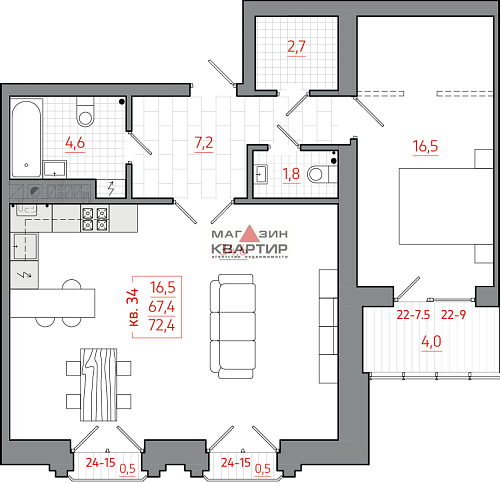 1- ком. квартира, площадью 72,4 м²., деревня Киселевка.