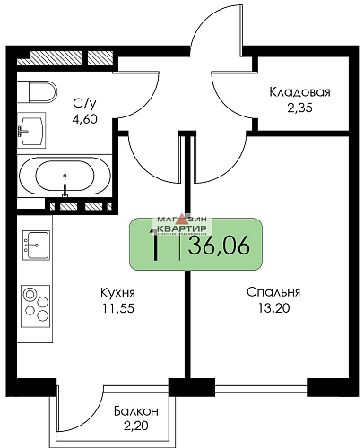1- ком. квартира, 36,06 кв.м. Краснинское шоссе