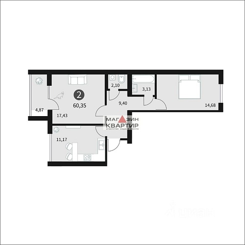 Продается 2-комн. квартира, 60,35 м²