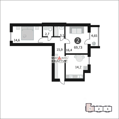 2-ком. квартира, 69,73 м² Ипподромный пр-д