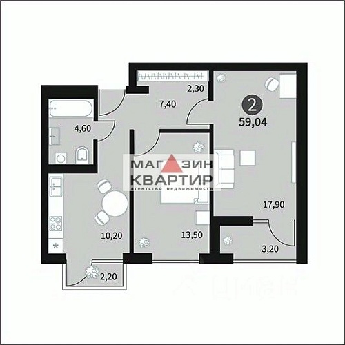 2-ком. квартира, 59,4 кв.м., шоссе  Краснинское.