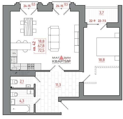 Продается однокомнатная квартира в новостройке, площадью 72,5м².