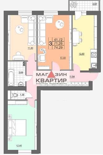 3-ком. кв., 74 кв.м., ул. 100 лет Комсомола, 1