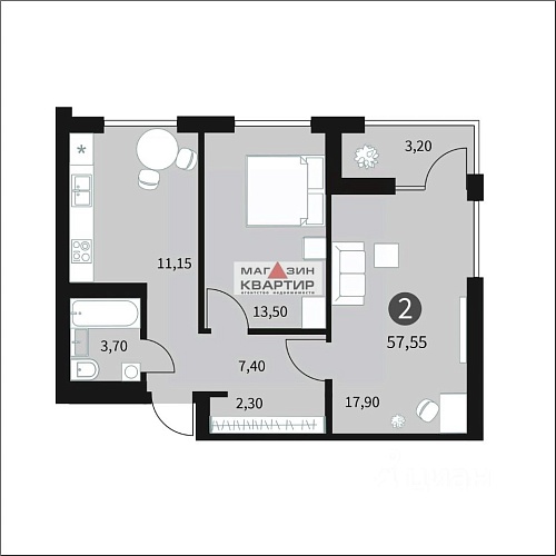 2-ком., квартира, 57,55 кв.м., Краснинское шоссе.