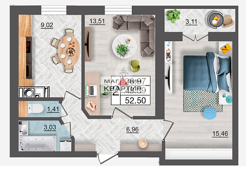 2- ком. кв., 52.5 кв.м., ул. 25 Сентября, 26А