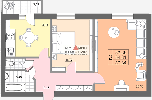 2-ком. кв., 57.35 кв.м., ул. 100 лет Комсомола, 1