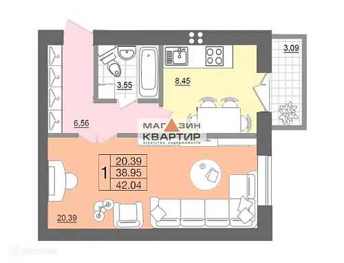 1-ком. квартира 42 кв.м., по ул. Багратиона дом 26.