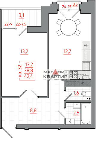 Продается однокомнатная квартира в новостройке, площадью 42,4м².