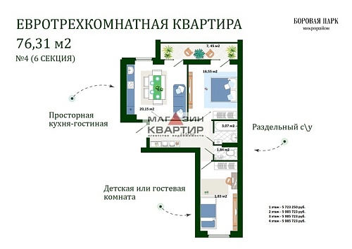 3-ком. кв., 76.5 кв.м., ул. Днепровская, 19