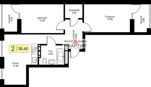 2-ком. кв., 59 кв.м., шоссе Краснинское, 91