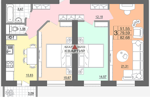 Трехкомнатная квартира с индивидуальным отоплением